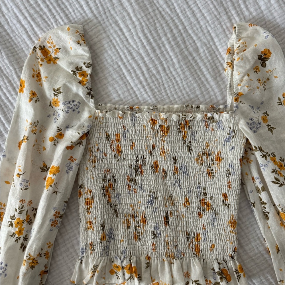 Reformation Linen Floral Smocked Puff Sleeve Top